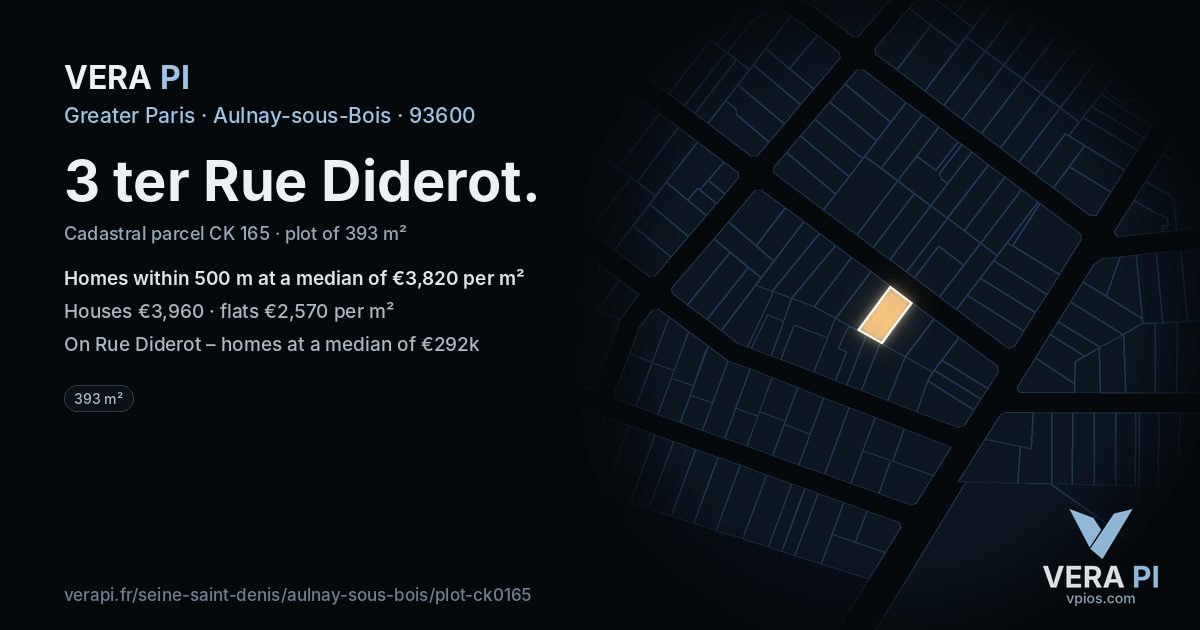 3 ter Rue Diderot, Aulnay-sous-Bois at night – the plot lit, the parcels around coloured by the prices near them
