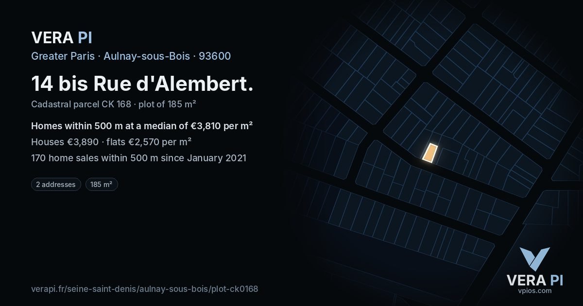 14 bis Rue d'Alembert, Aulnay-sous-Bois at night – the plot lit, the parcels around coloured by the prices near them