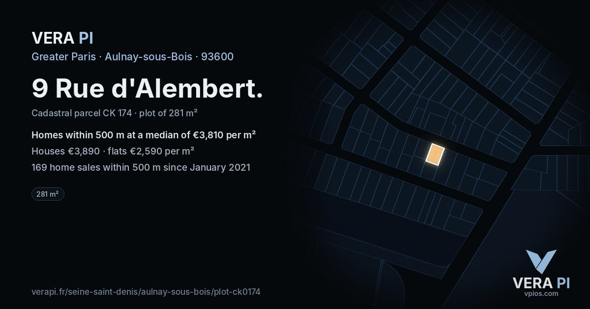 9 Rue d'Alembert, Aulnay-sous-Bois at night – the plot lit, the parcels around coloured by the prices near them
