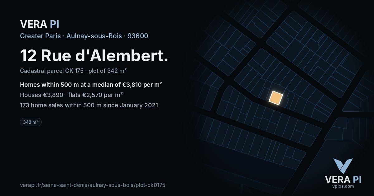 12 Rue d'Alembert, Aulnay-sous-Bois at night – the plot lit, the parcels around coloured by the prices near them