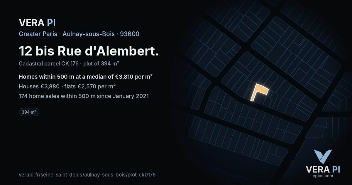 12 bis Rue d'Alembert, Aulnay-sous-Bois at night – the plot lit, the parcels around coloured by the prices near them