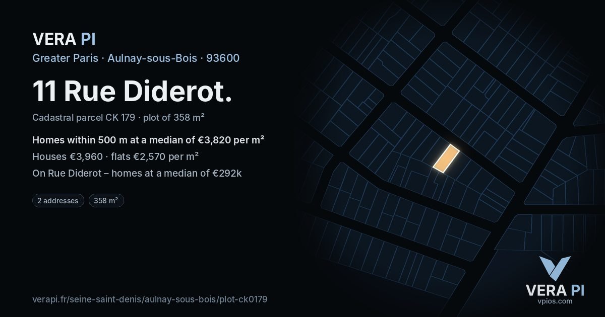 11 Rue Diderot, Aulnay-sous-Bois at night – the plot lit, the parcels around coloured by the prices near them
