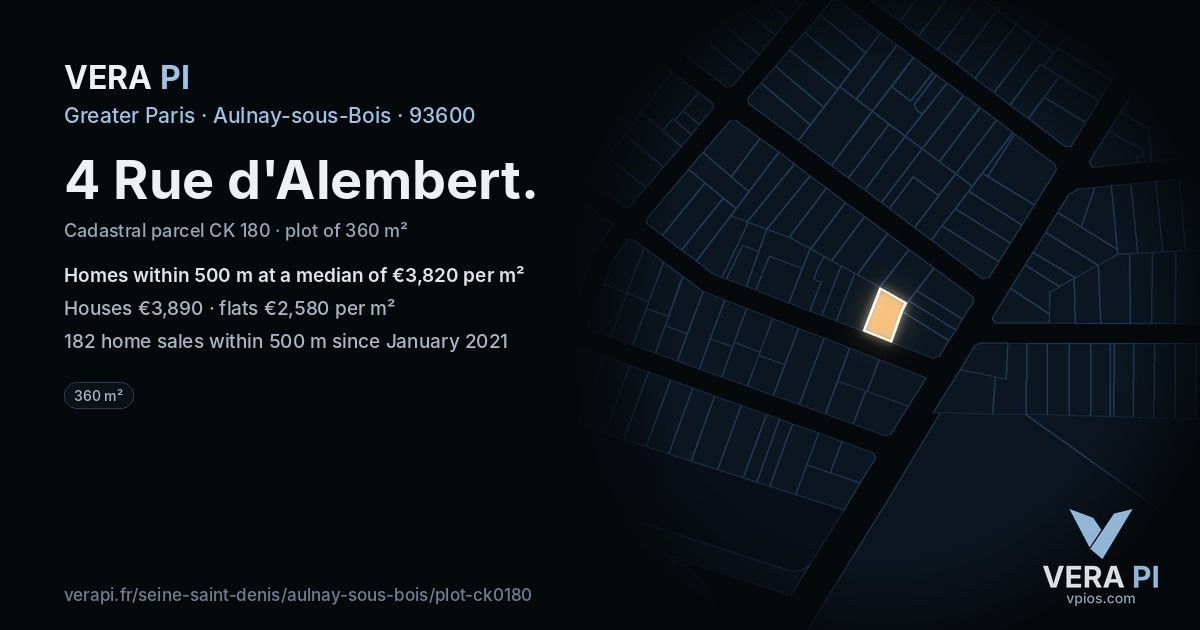 4 Rue d'Alembert, Aulnay-sous-Bois at night – the plot lit, the parcels around coloured by the prices near them