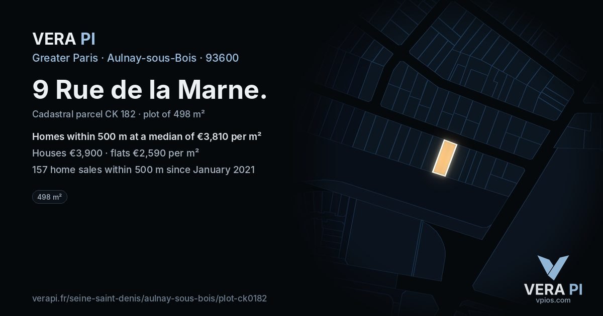 9 Rue de la Marne, Aulnay-sous-Bois at night – the plot lit, the parcels around coloured by the prices near them