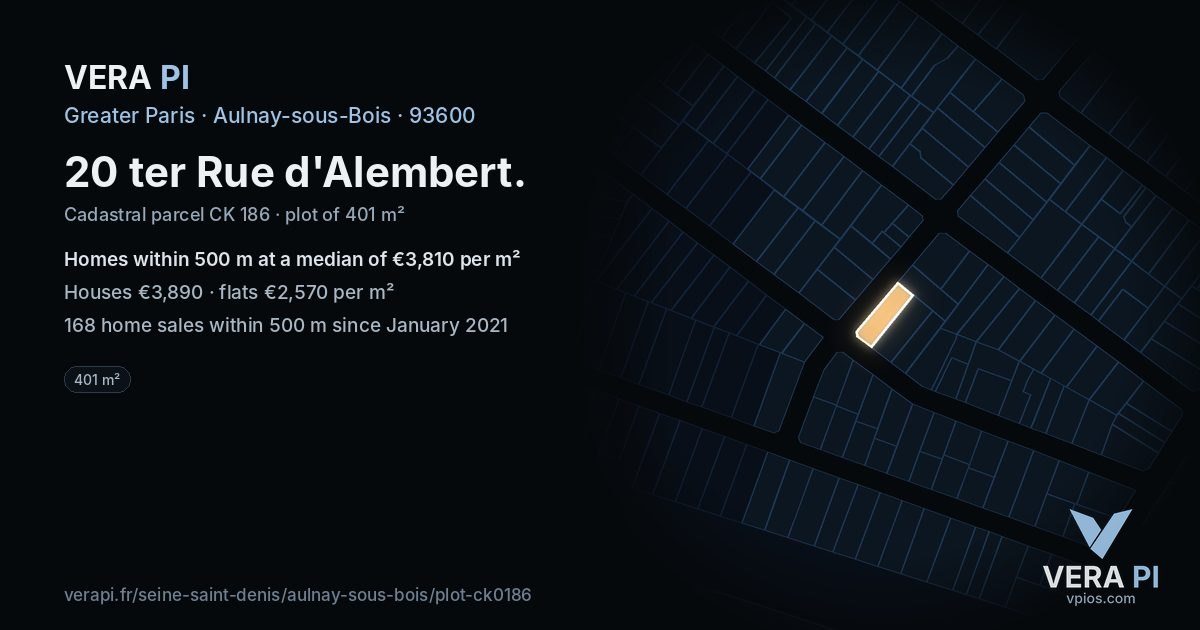 20 ter Rue d'Alembert, Aulnay-sous-Bois at night – the plot lit, the parcels around coloured by the prices near them