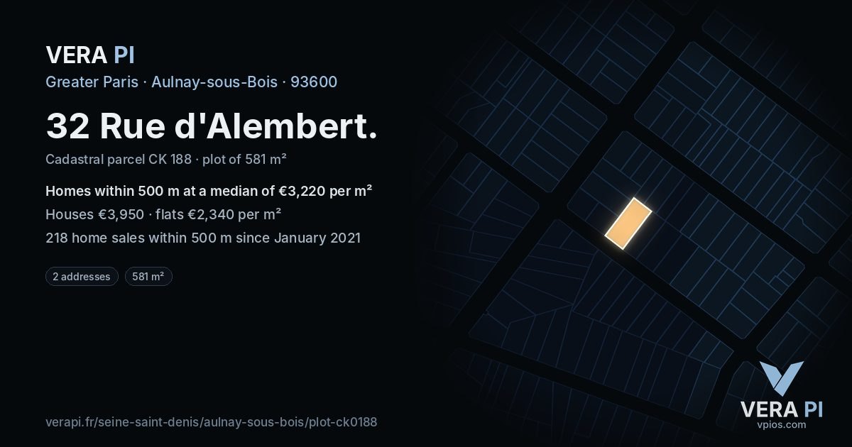 32 Rue d'Alembert, Aulnay-sous-Bois at night – the plot lit, the parcels around coloured by the prices near them