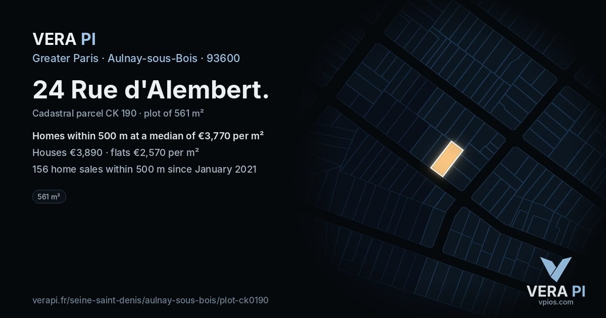 24 Rue d'Alembert, Aulnay-sous-Bois at night – the plot lit, the parcels around coloured by the prices near them