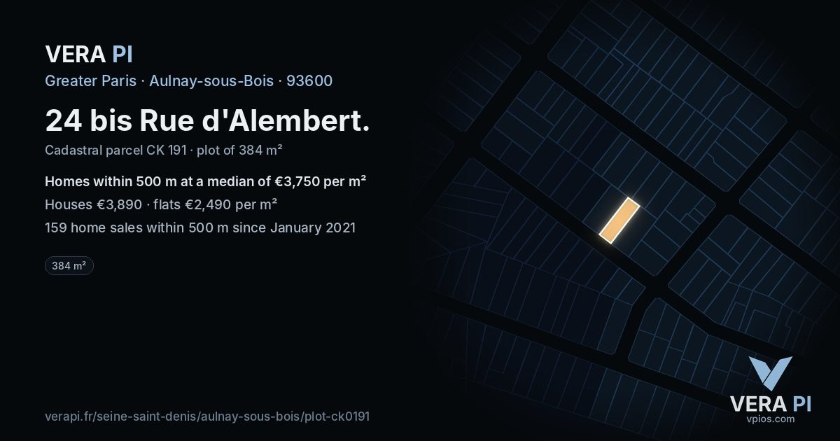 24 bis Rue d'Alembert, Aulnay-sous-Bois at night – the plot lit, the parcels around coloured by the prices near them