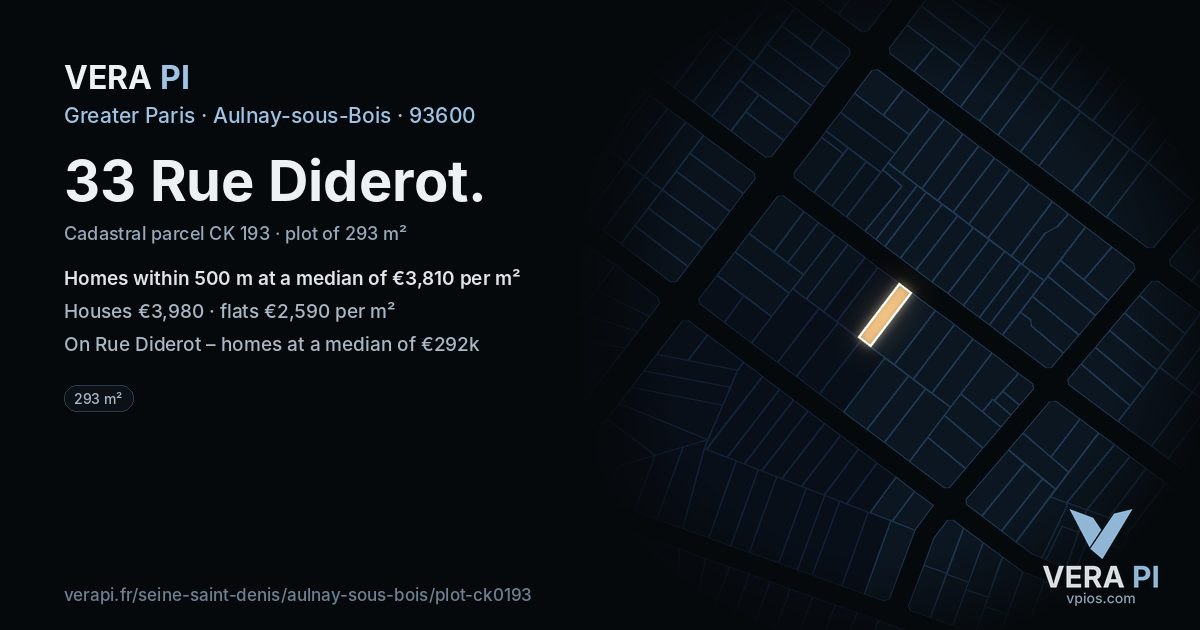 33 Rue Diderot, Aulnay-sous-Bois at night – the plot lit, the parcels around coloured by the prices near them