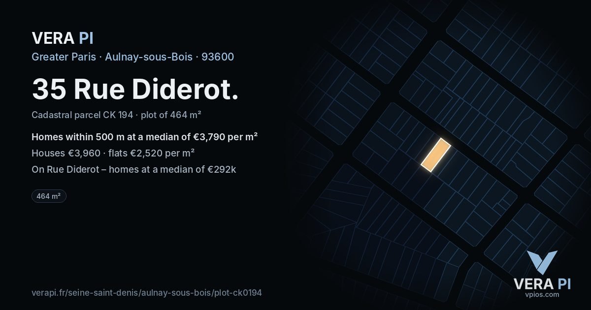 35 Rue Diderot, Aulnay-sous-Bois at night – the plot lit, the parcels around coloured by the prices near them