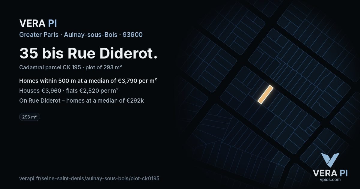 35 bis Rue Diderot, Aulnay-sous-Bois at night – the plot lit, the parcels around coloured by the prices near them