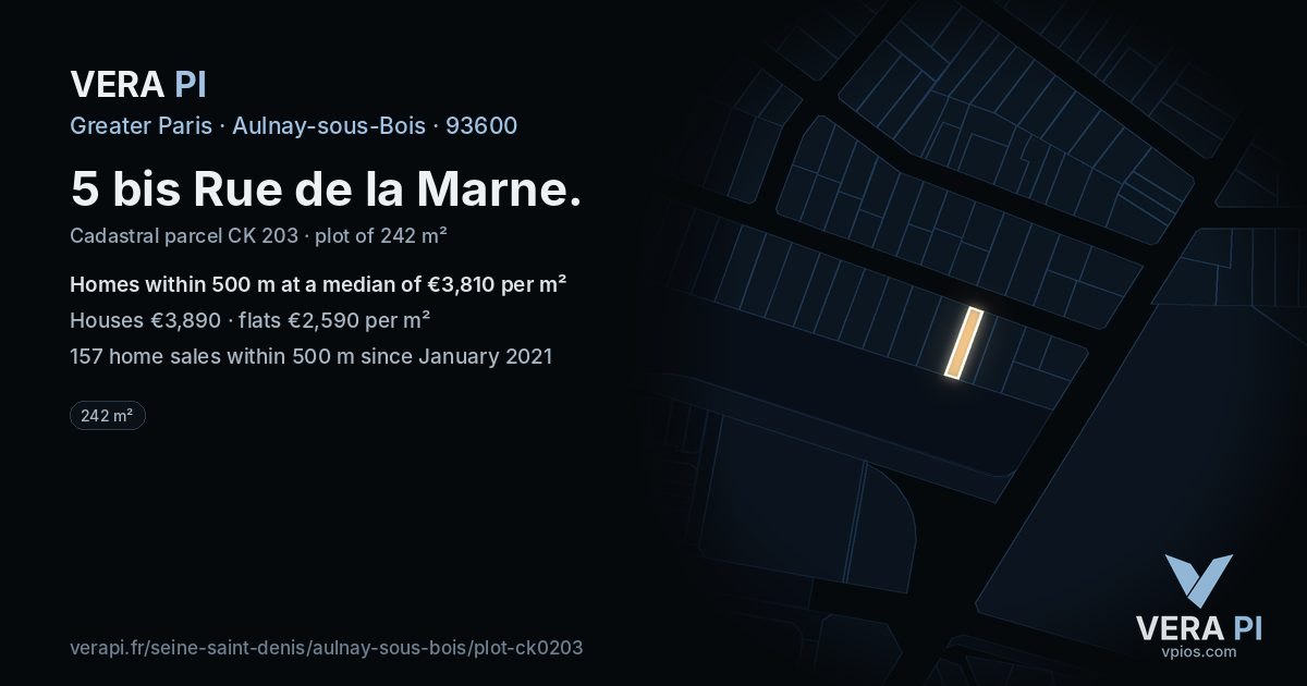 5 bis Rue de la Marne, Aulnay-sous-Bois at night – the plot lit, the parcels around coloured by the prices near them