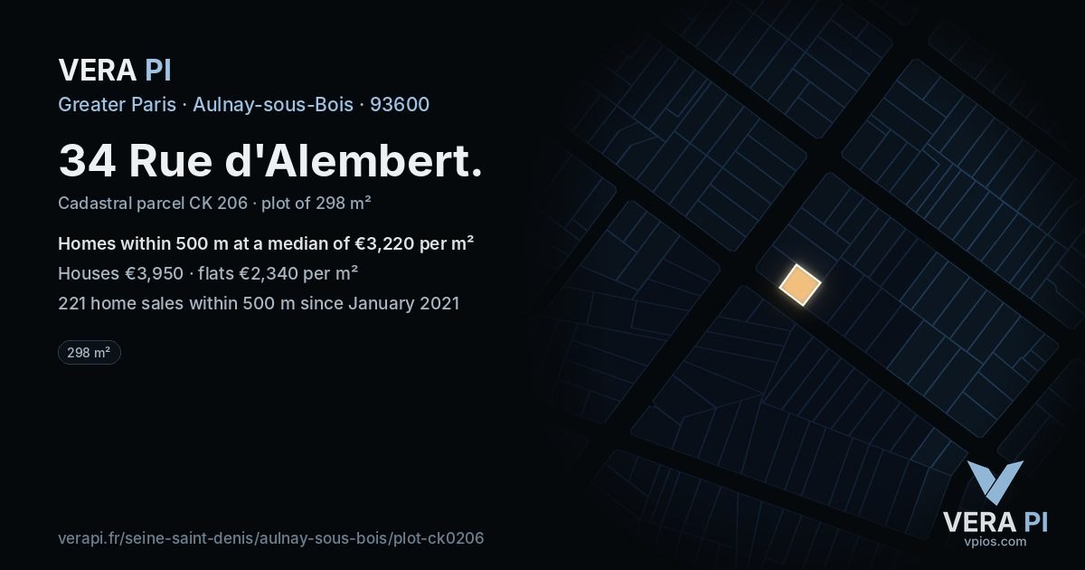34 Rue d'Alembert, Aulnay-sous-Bois at night – the plot lit, the parcels around coloured by the prices near them