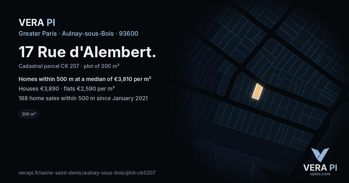 17 Rue d'Alembert, Aulnay-sous-Bois at night – the plot lit, the parcels around coloured by the prices near them