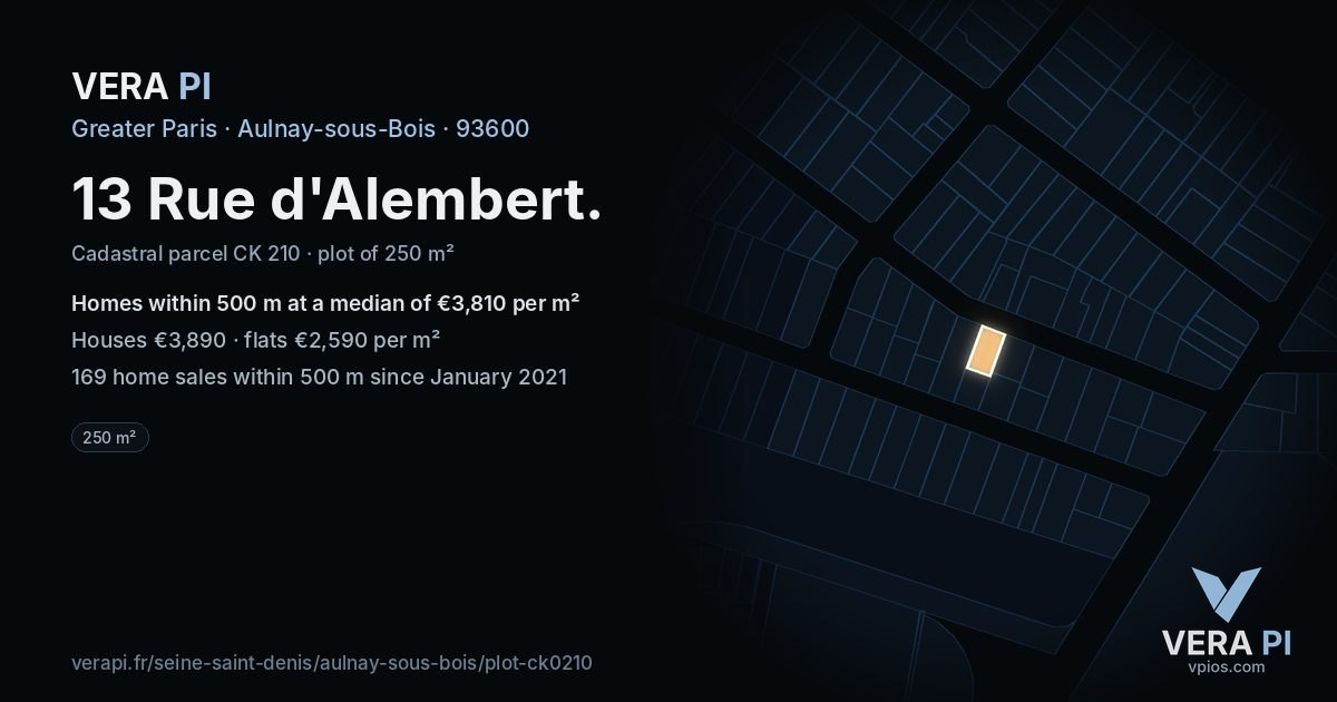 13 Rue d'Alembert, Aulnay-sous-Bois at night – the plot lit, the parcels around coloured by the prices near them