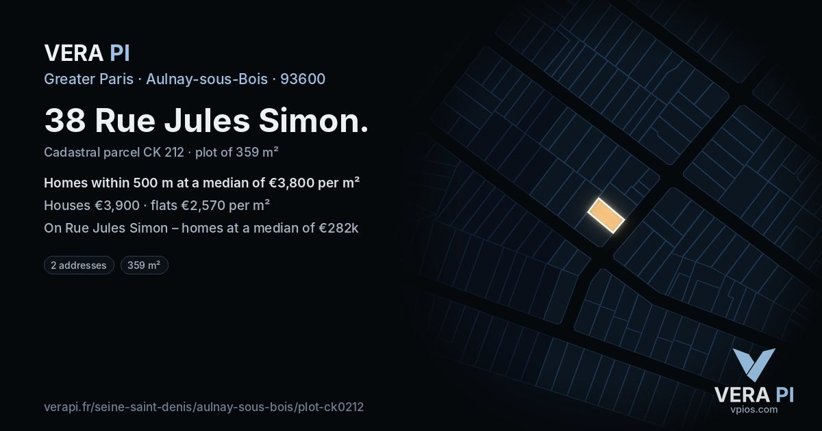 38 Rue Jules Simon, Aulnay-sous-Bois at night – the plot lit, the parcels around coloured by the prices near them