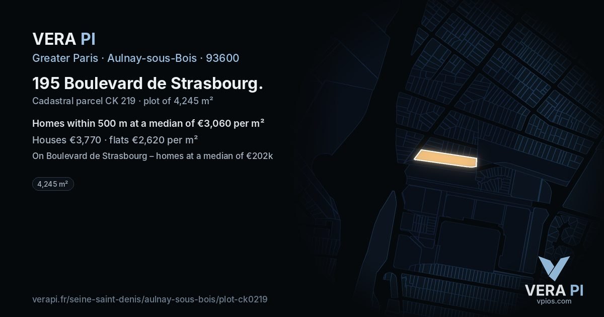 195 Boulevard de Strasbourg, Aulnay-sous-Bois at night – the plot lit, the parcels around coloured by the prices near them