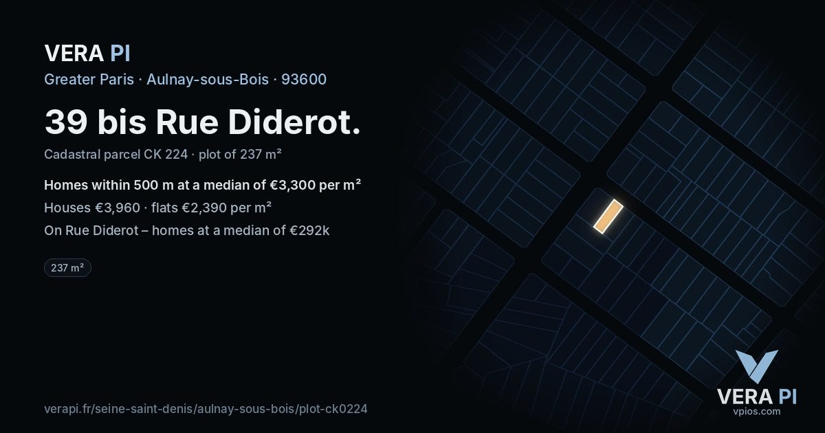 39 bis Rue Diderot, Aulnay-sous-Bois at night – the plot lit, the parcels around coloured by the prices near them
