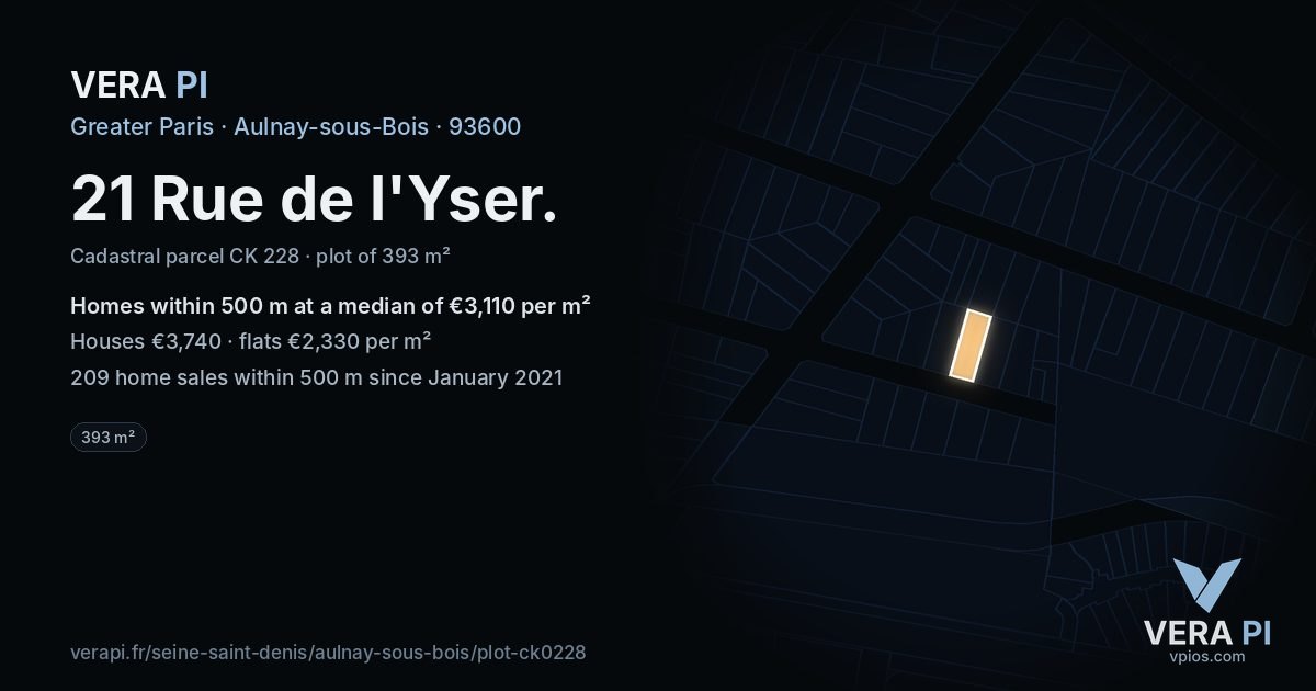 21 Rue de l'Yser, Aulnay-sous-Bois at night – the plot lit, the parcels around coloured by the prices near them