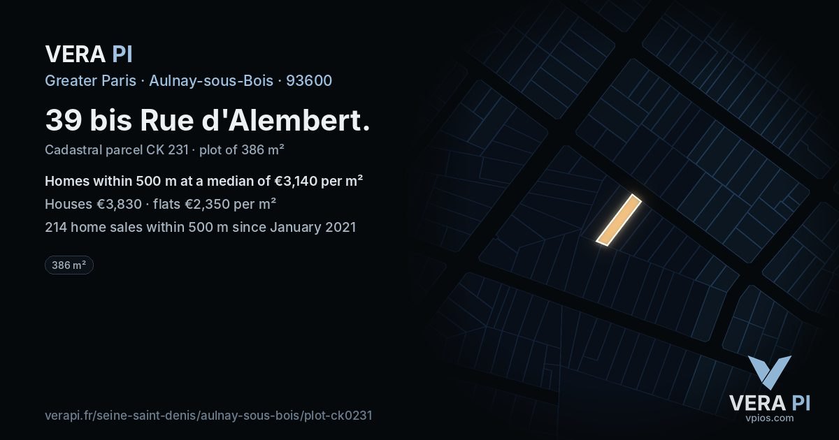 39 bis Rue d'Alembert, Aulnay-sous-Bois at night – the plot lit, the parcels around coloured by the prices near them