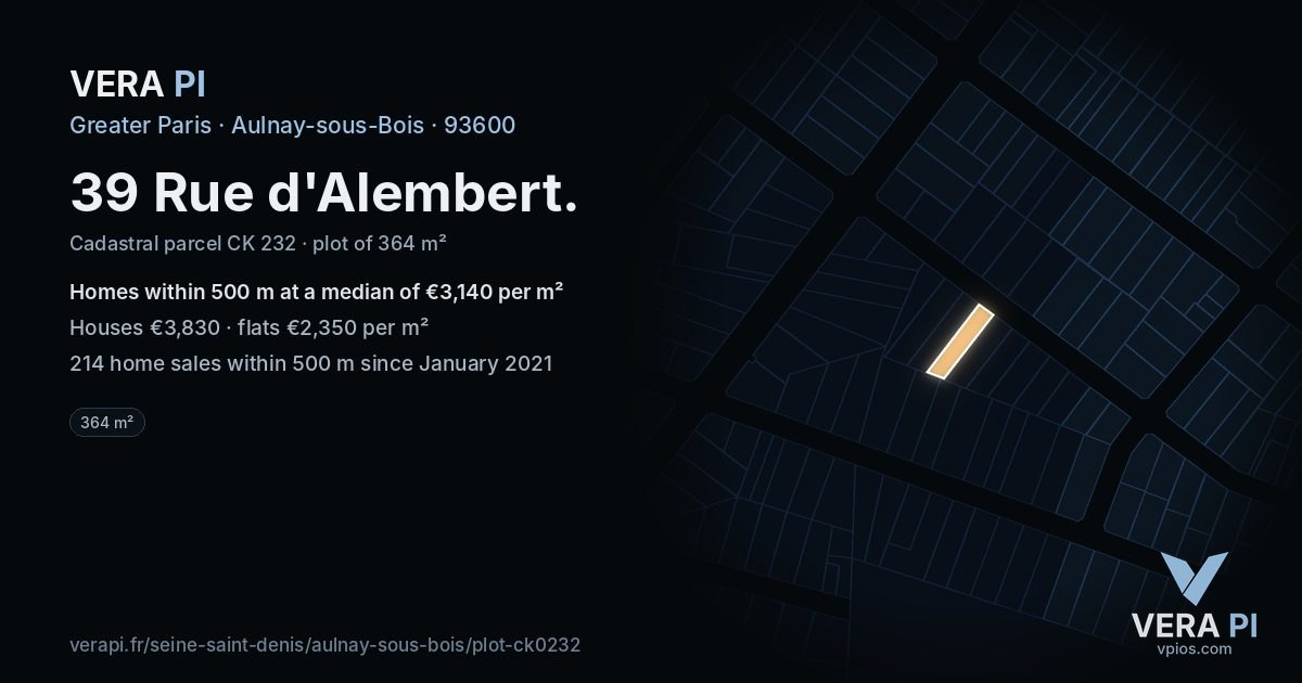 39 Rue d'Alembert, Aulnay-sous-Bois at night – the plot lit, the parcels around coloured by the prices near them