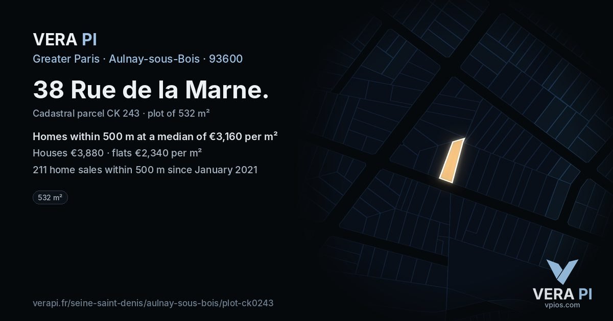 38 Rue de la Marne, Aulnay-sous-Bois at night – the plot lit, the parcels around coloured by the prices near them