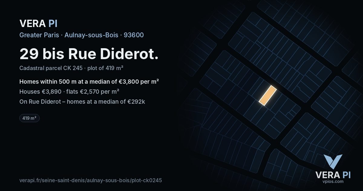 29 bis Rue Diderot, Aulnay-sous-Bois at night – the plot lit, the parcels around coloured by the prices near them