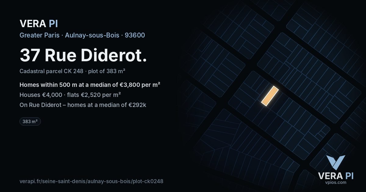 37 Rue Diderot, Aulnay-sous-Bois at night – the plot lit, the parcels around coloured by the prices near them