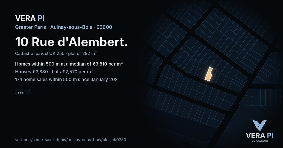 10 Rue d'Alembert, Aulnay-sous-Bois at night – the plot lit, the parcels around coloured by the prices near them