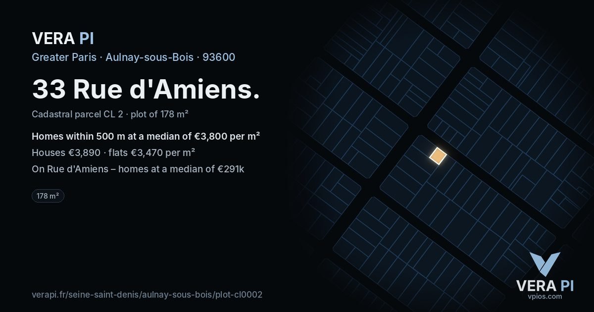 33 Rue d'Amiens, Aulnay-sous-Bois at night – the plot lit, the parcels around coloured by the prices near them
