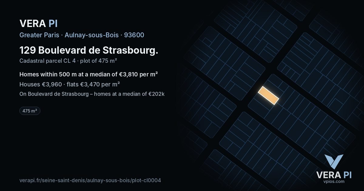 129 Boulevard de Strasbourg, Aulnay-sous-Bois at night – the plot lit, the parcels around coloured by the prices near them