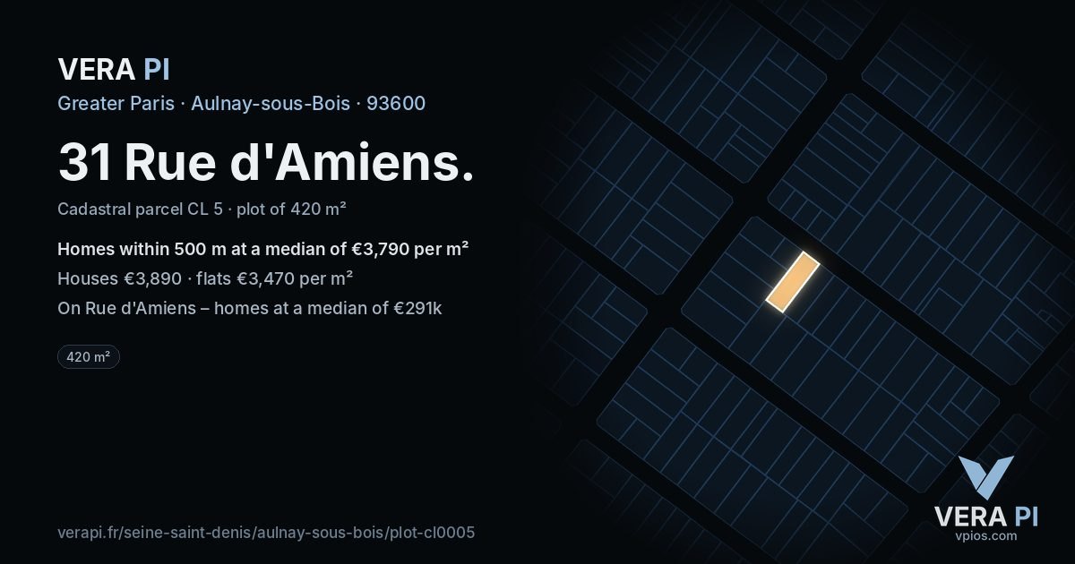 31 Rue d'Amiens, Aulnay-sous-Bois at night – the plot lit, the parcels around coloured by the prices near them