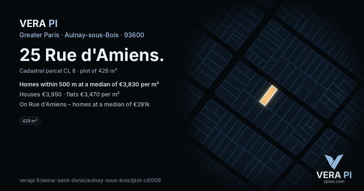 25 Rue d'Amiens, Aulnay-sous-Bois at night – the plot lit, the parcels around coloured by the prices near them
