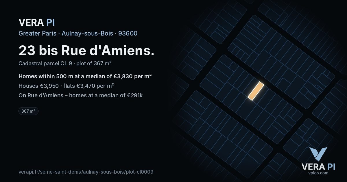 23 bis Rue d'Amiens, Aulnay-sous-Bois at night – the plot lit, the parcels around coloured by the prices near them