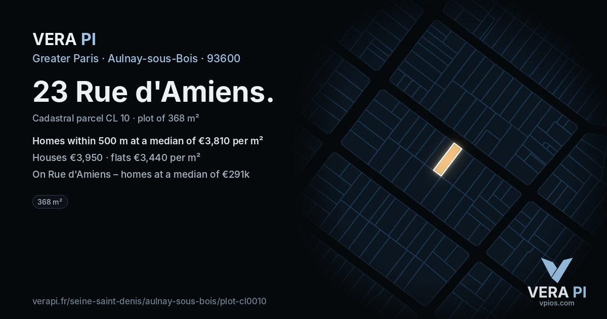 23 Rue d'Amiens, Aulnay-sous-Bois at night – the plot lit, the parcels around coloured by the prices near them