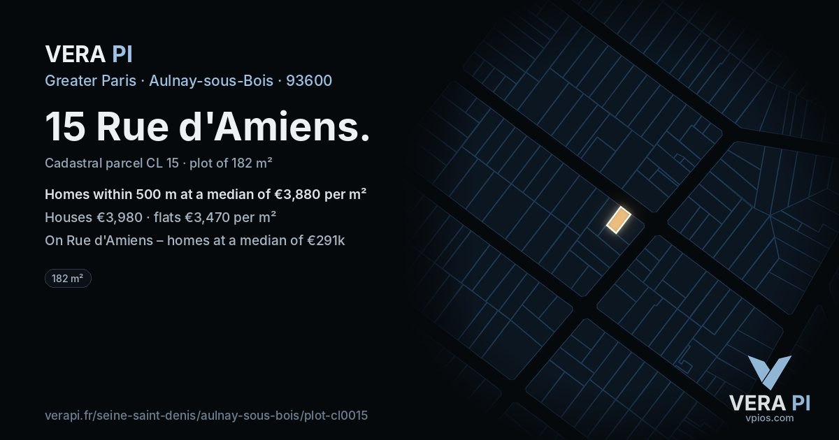 15 Rue d'Amiens, Aulnay-sous-Bois at night – the plot lit, the parcels around coloured by the prices near them