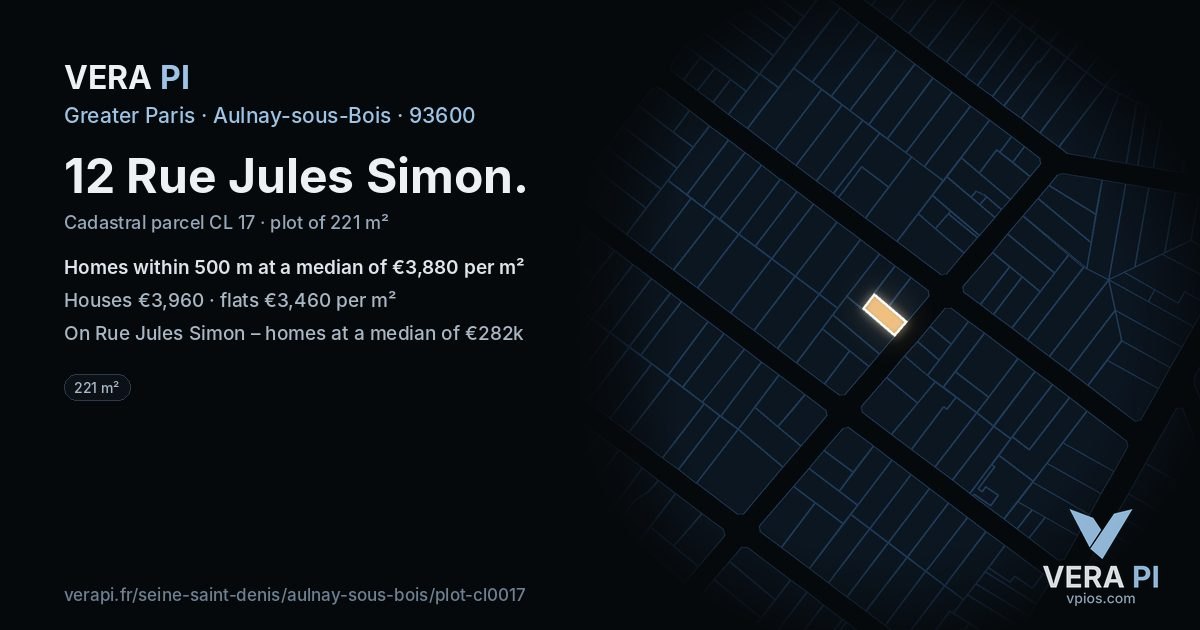 12 Rue Jules Simon, Aulnay-sous-Bois at night – the plot lit, the parcels around coloured by the prices near them