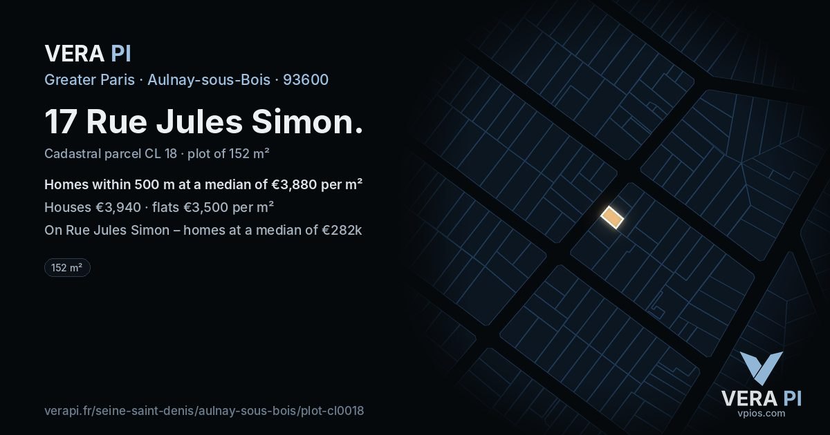 17 Rue Jules Simon, Aulnay-sous-Bois at night – the plot lit, the parcels around coloured by the prices near them