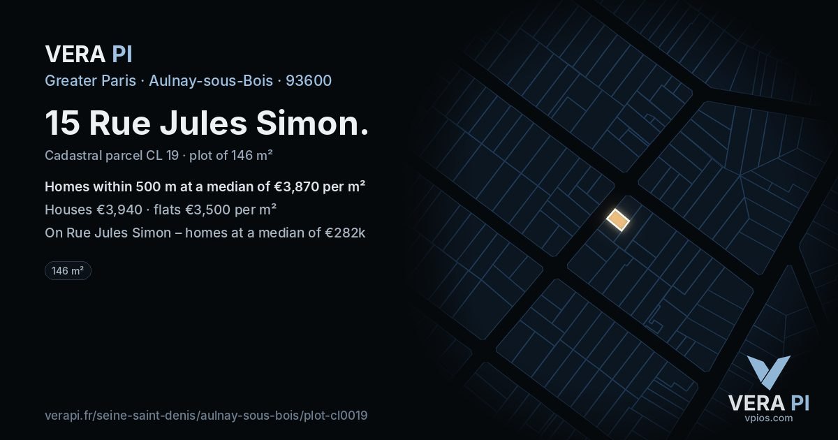 15 Rue Jules Simon, Aulnay-sous-Bois at night – the plot lit, the parcels around coloured by the prices near them