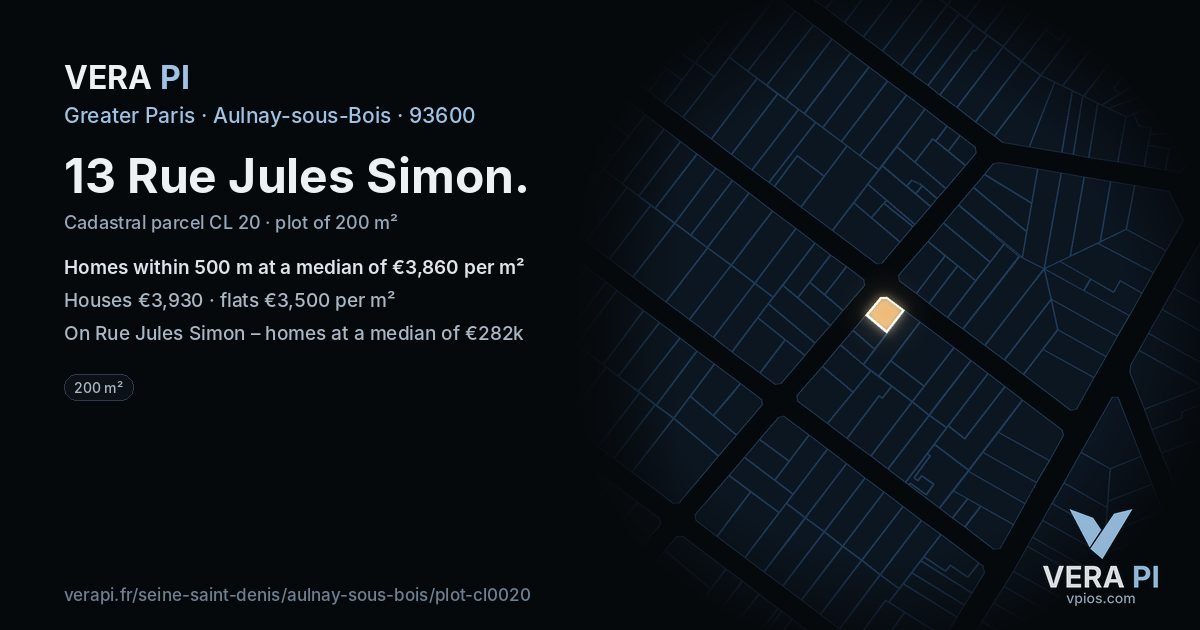 13 Rue Jules Simon, Aulnay-sous-Bois at night – the plot lit, the parcels around coloured by the prices near them
