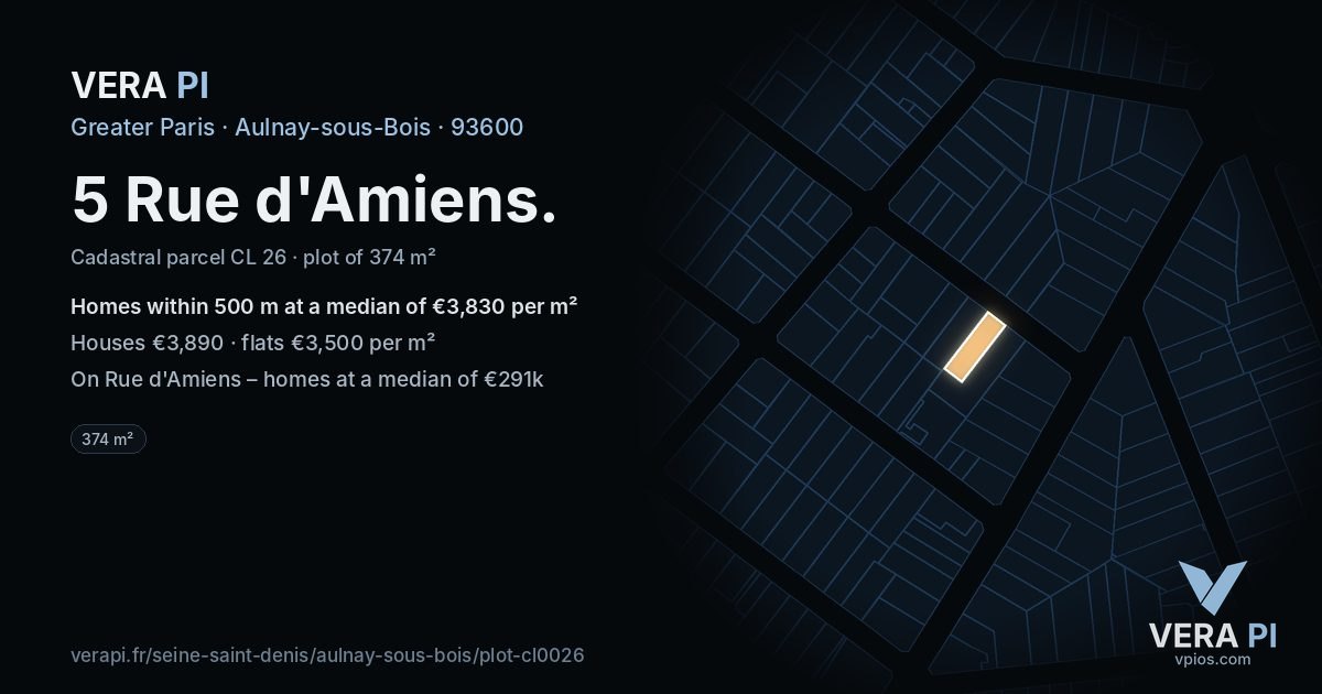 5 Rue d'Amiens, Aulnay-sous-Bois at night – the plot lit, the parcels around coloured by the prices near them