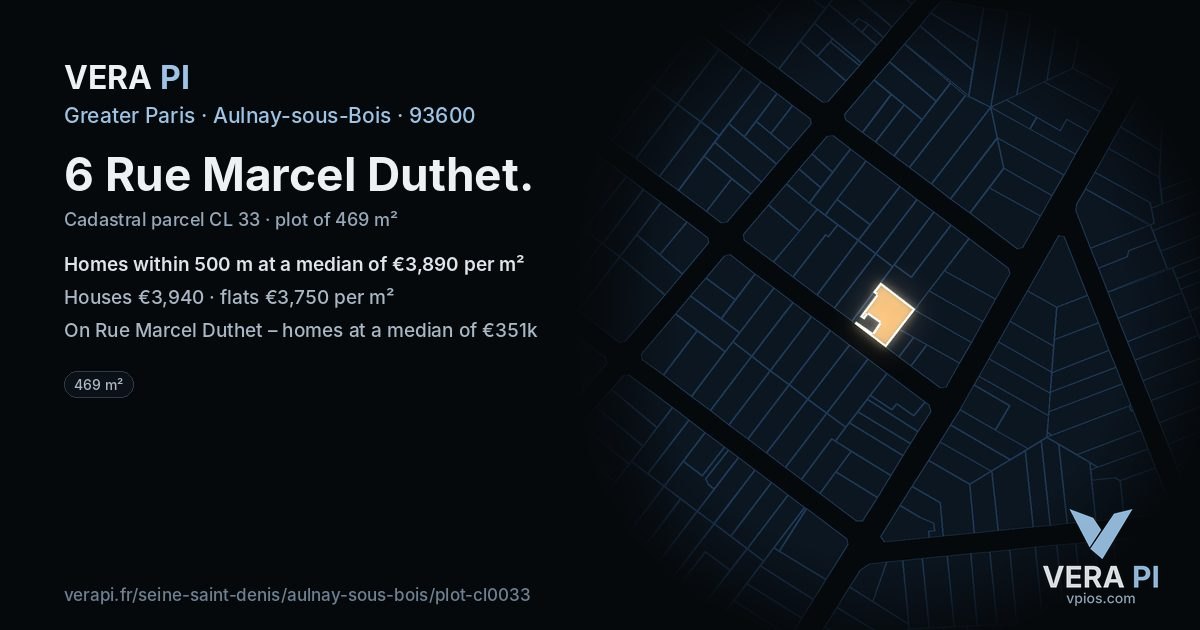 6 Rue Marcel Duthet, Aulnay-sous-Bois at night – the plot lit, the parcels around coloured by the prices near them