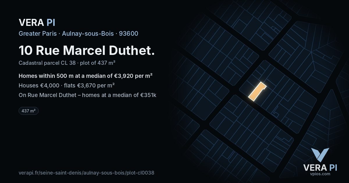 10 Rue Marcel Duthet, Aulnay-sous-Bois at night – the plot lit, the parcels around coloured by the prices near them