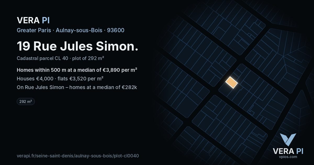 19 Rue Jules Simon, Aulnay-sous-Bois at night – the plot lit, the parcels around coloured by the prices near them