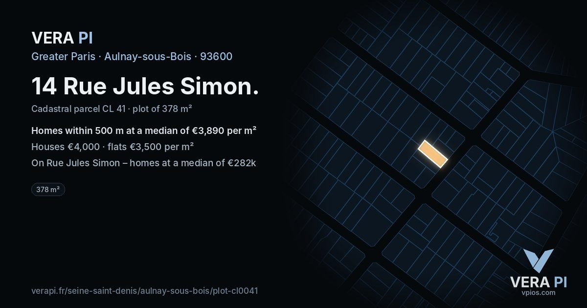 14 Rue Jules Simon, Aulnay-sous-Bois at night – the plot lit, the parcels around coloured by the prices near them