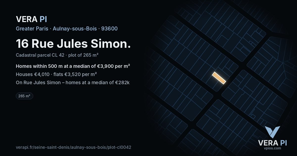 16 Rue Jules Simon, Aulnay-sous-Bois at night – the plot lit, the parcels around coloured by the prices near them
