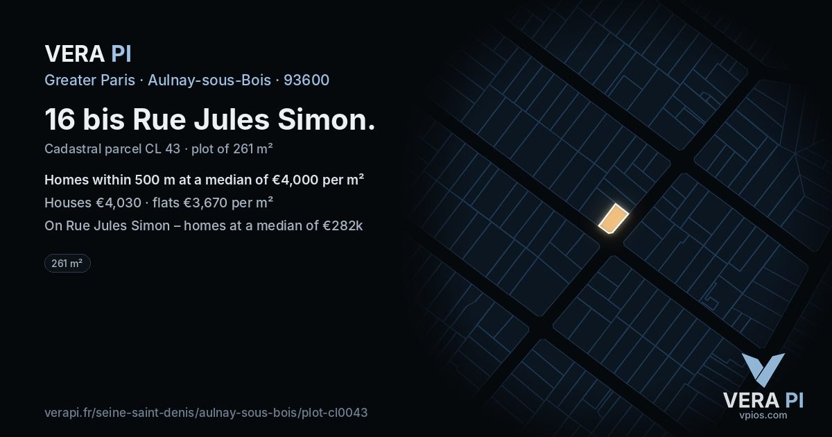 16 bis Rue Jules Simon, Aulnay-sous-Bois at night – the plot lit, the parcels around coloured by the prices near them