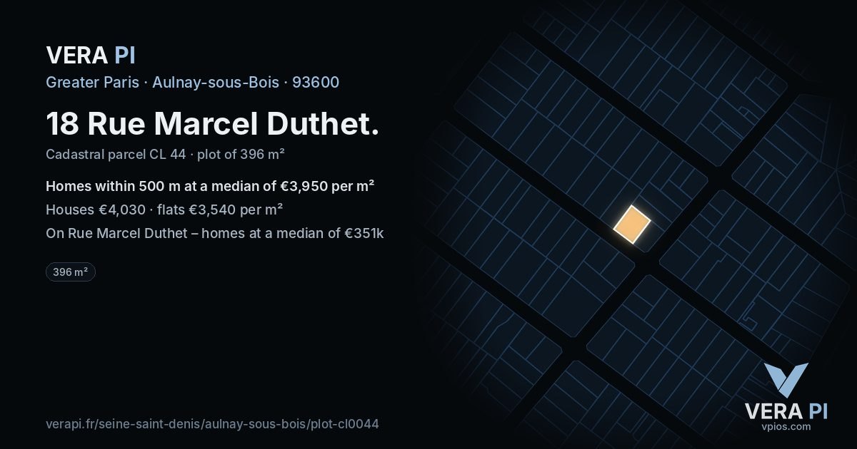 18 Rue Marcel Duthet, Aulnay-sous-Bois at night – the plot lit, the parcels around coloured by the prices near them