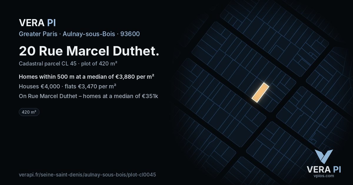 20 Rue Marcel Duthet, Aulnay-sous-Bois at night – the plot lit, the parcels around coloured by the prices near them
