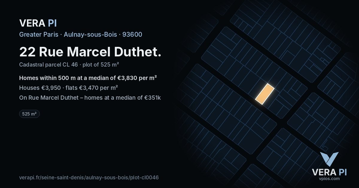 22 Rue Marcel Duthet, Aulnay-sous-Bois at night – the plot lit, the parcels around coloured by the prices near them